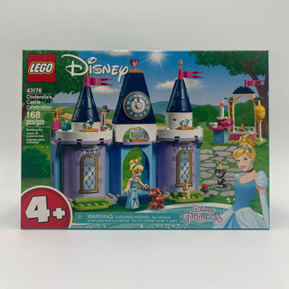 LEGO Disney Cinderella's Castle Celebration set 43178 box showing blue castle towers with clock, minifigures, and garden scen
