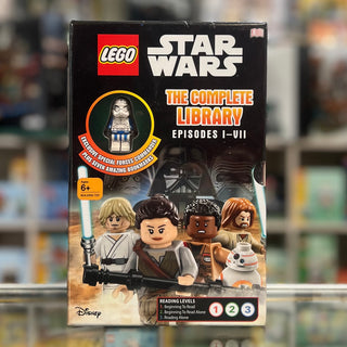 LEGO Star Wars Complete Library Episodes I-VII box set with minifigures and lightsaber on black packaging.