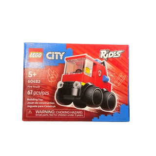 LEGO City Rides Fire Truck set 60482 box showing red fire truck with black wheels and minifigure cabin.