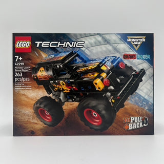 LEGO Technic Monster Jam Grave Digger set box featuring black truck with yellow and orange flame graphics and large red wheel