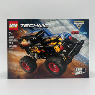 LEGO Technic Monster Jam Grave Digger set box featuring black monster truck with yellow flame graphics and red wheels.