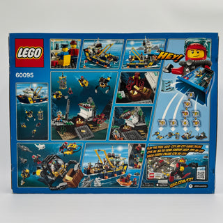 LEGO City set 60095 box back showing deep sea vessel, submarine, underwater base, minifigures, and building instructions.