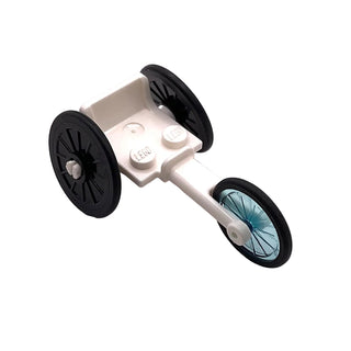 Minifigure, Utensil Wheelchair Racer with Black Wheelchair Wheels and Trans-Light Blue Bicycle Wheel with Molded Black Hard Rubber Tire, Part# 80501c01 Part LEGO® White