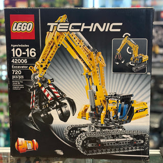 LEGO Technic Excavator set 42006 box showing yellow and black construction vehicle with articulated arm and claw bucket.