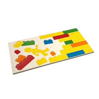 Tile 8 x 16 with Bottom Tubes, Textured Surface with Brick Wall and LEGO® Minifigure Pattern Right Side, Part# 90498pb48R