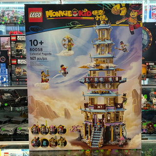 LEGO Monkie Kid Celestial Pagoda set 80058 box showing multi-tiered golden pagoda with minifigures and flying characters.