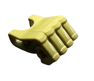 Yellow plastic fist with four cylindrical fingers and axle hole connection point.