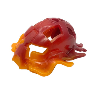 Red and orange marbled Bionicle mask with angular features and side protrusions.