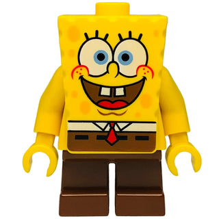 Yellow LEGO minifigure with square head, blue eyes, wide smile, red tie, brown pants, and yellow hands.