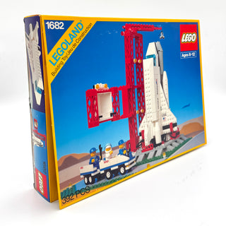 LEGO Town Space Shuttle set 1682 box showing white shuttle, red launch tower, vehicle, and minifigures.