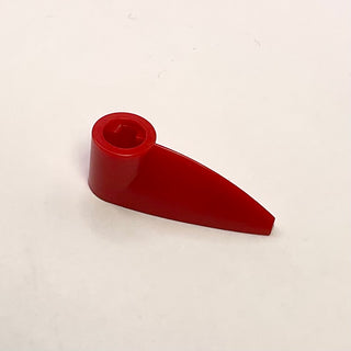 Red plastic tooth-shaped piece with cylindrical axle hole on one end.