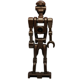Brown metallic droid figure with rounded head, cylindrical torso with circular chest detail, articulated arms with claw hands
