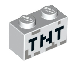 Brick 1x2 with Black 'TNT' Pixelated Pattern, Part# 3004pb122 Part LEGO® White  