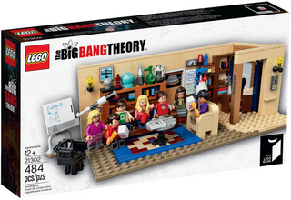 LEGO The Big Bang Theory set 21302 box featuring apartment scene with minifigures and accessories.