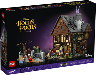 Black LEGO box for Disney Hocus Pocus set 21341 with haunted house building and character minifigures displayed on packaging.