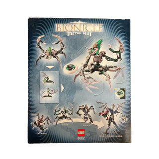 LEGO Bionicle Metru Nui set 8622 box back showing assembled Nidhiki figure and instruction diagrams.