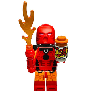 LEGO minifigure with red helmet and body, orange limbs, holding gold claw hand and decorated canister accessory.