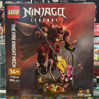 LEGO Ninjago Legends Fire Knight Mech set 71846 with red and gold armored robot holding black sword.