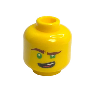 Minifigure, Head Dual Sided Reddish Brown Eyebrows, Green Eyes, Lopsided Open Mouth Grin / Gritted Teeth Pattern (Lloyd), Part# 3626pb1890 Part LEGO® Yellow