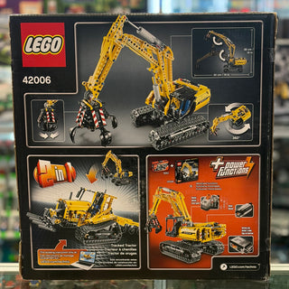 LEGO Technic 42006 Excavator set box showing yellow and black motorized excavator with articulated boom and claw attachment.