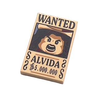 Tile 2 x 3 with Wanted Poster with Black 'WANTED' 'ALVIDA' (Berry) '5.000.000' Pattern, Part# 26603pb534 Part LEGO® Tan