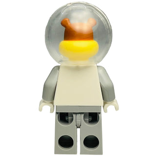 LEGO minifigure with tan body, gray arms and legs, brown ears, yellow torso, and clear dome helmet.