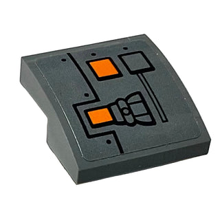 Slope, Curved 2 x 2 x 2/3 with Orange Rectangles, Black Rectangle, Dots and Lines Pattern (Sticker), Part# 15068pb361 Part LEGO® Dark Bluish Gray