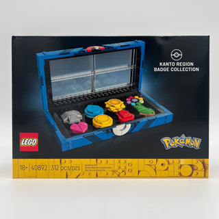Blue LEGO display case containing colorful Pokémon badges arranged in rows on black base with glass cover panel.