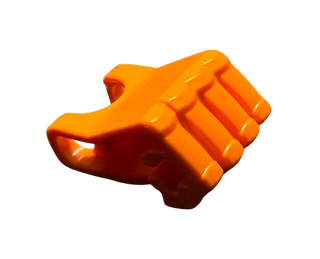 Orange Hero Factory fist piece with four fingers and axle hole for construction toy building.