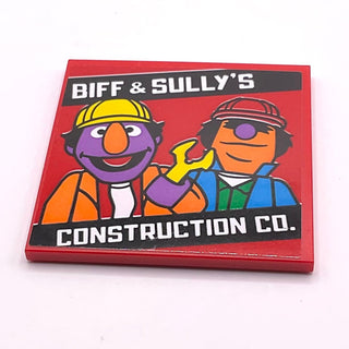 Tile 6x6 with Bottom Tubes with 'Biff & Sully's Construction Co) Pattern (Sticker), Part# 10202pb020 Part LEGO® Red Very Good