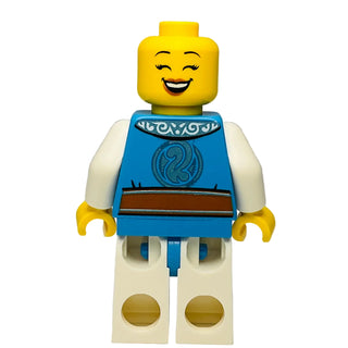LEGO Ninjago minifigure with yellow head, dark azure and brown robes, white arms and legs.