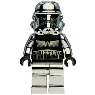 Chrome silver and black LEGO Stormtrooper minifigure with helmet, armor, and black hands.