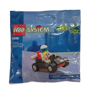 LEGO System 6498 polybag containing minifigure and red and black go-kart with white wheels.