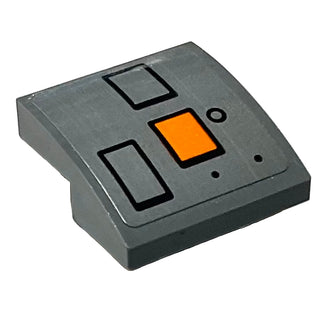 Slope, Curved 2 x 2 x 2/3 with Orange Rectangle, Black Rectangles, Dots and Circle Pattern (Sticker), Part# 15068pb360 Part LEGO® Dark Bluish Gray