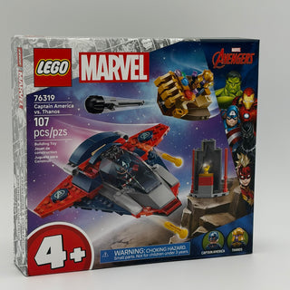 LEGO Marvel set 76319 box featuring red and black spacecraft, golden gauntlet, tower structure, and minifigures of Captain Am