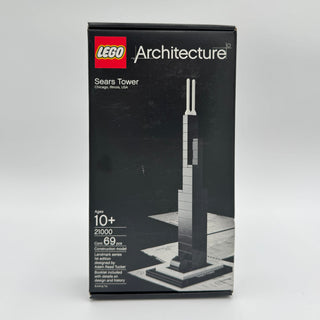 LEGO Architecture Sears Tower set box featuring black and white tower model with two spires on dark packaging.