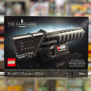 LEGO Star Wars The Darksaber set 40917 box showing black and silver lightsaber model with display stand.