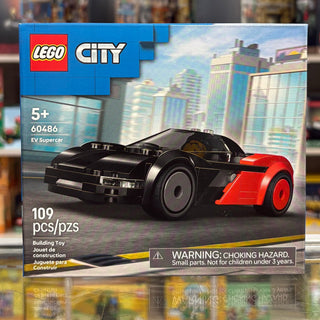 LEGO City EV Supercar set 60486 box showing black and red buildable sports car with cityscape background.
