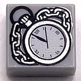 Tile 1 x 1 with Pocket Watch and Chain Pattern, Part# 3070pb075 Part LEGO® Light Bluish Gray