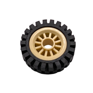 Wheel Spoked 2 x 2 with Pin Hole with Black Tire 24mm D. x 8mm Offset Tread - Interior Ridges, Part# 30155c01 Part LEGO® Tan Very Good
