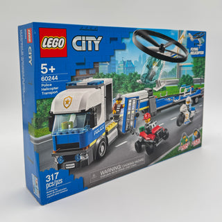 LEGO City Police Helicopter Transport set 60244 with truck, helicopter, and minifigures on blue box.