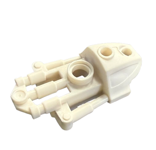 Cream-colored Bionicle armor piece with cylindrical connectors and circular attachment points for thigh assembly.