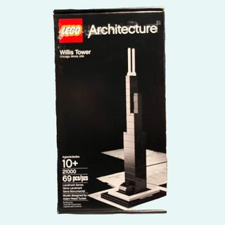 LEGO Architecture Willis Tower building set box showing tan and black tower model with twin spires on base.