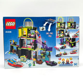 LEGO set 41238 box showing multi-level black and neon green factory playset with purple slide, minifigures, vehicles, and acc