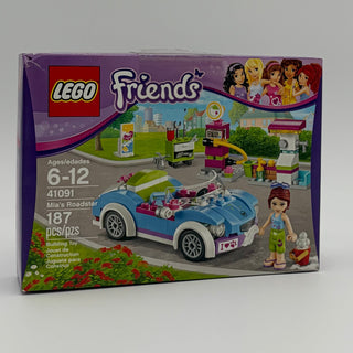 LEGO Friends set 41091 box featuring blue and purple roadster car with minifigure and park scene backdrop.