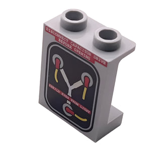 Panel 1 x 2 x 2 with Side Supports - Hollow Studs with 'DISCONNECT CAPACITOR DRIVE BEFORE OPENING' & 'SHEILD EYES FROM LIGHT' Pattern (First Version), Part# 87552pb016a Part LEGO® Light Bluish Gray Very Good