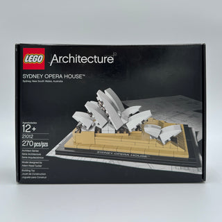 LEGO Architecture Sydney Opera House set 21012 box showing assembled model with white shell structures on tan base.