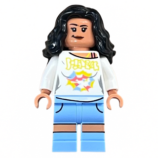 LEGO minifigure with long black hair, white graphic t-shirt, and blue shorts with brown stripe.