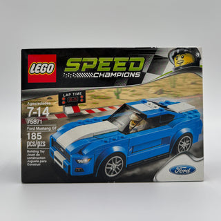 LEGO Speed Champions Ford Mustang GT set box showing blue and white car model with minifigure and racing track elements.