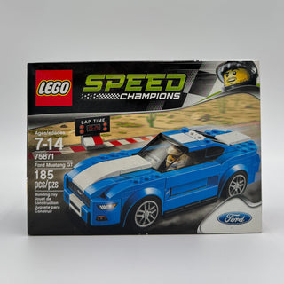 LEGO Speed Champions Ford Mustang GT set box featuring blue and white car model with racing track elements.